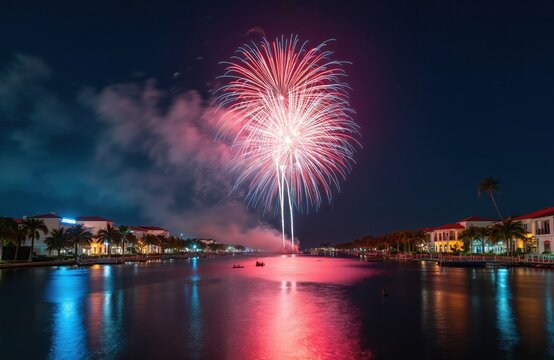 Fireworks display over water, city lights reflected. Fourth of July holiday celebration in Marathon Florida. Bright colorful explosion in night sky. Festive event for tourists and locals.