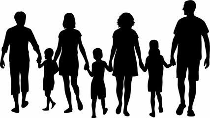 Silhouette of a family with two parents and three children walking together hand in hand in black and white