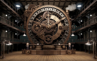 a steampunk style image of a massive mechanical clock 