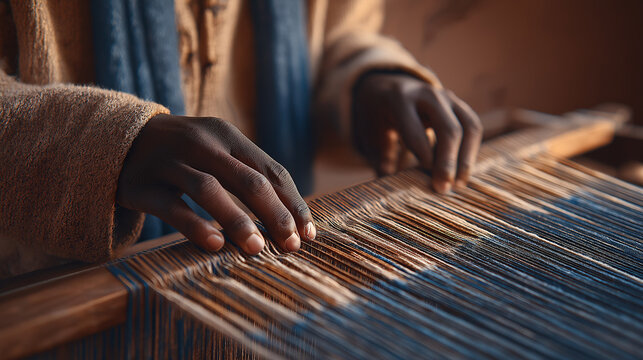Artisan weaver creating intricate patterns on a wooden loom - Powered by Adobe