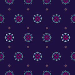 Seamless Flower traditional fabric pattern. Embroidery Cross Stitch Native Ethnic pattern floral pixel art motifs in indigo, teal, purple, green. Ideal for textiles, fashion, decor, clothing.