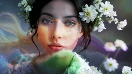 Projecting iridescent bands on model's face, gazing camera, accentuating floral headpiece in studio - Powered by Adobe