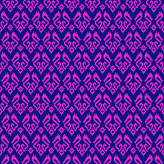 Bold seamless Embroidery pixel art Ethnic pattern, bright fuchsia motifs on deep blue. Combines traditional weaving with retro gaming feel. Ideal for textiles, fashion, decor, clothing, background.