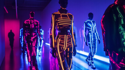 Neon Fashion Forward: A captivating display of mannequins adorned in striking neon apparel navigate an illuminated passageway, each ensemble emitting vibrant hues, setting a futuristic and chic tone.