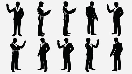 Silhouetted business people in various poses against a light gray background image view from different angles