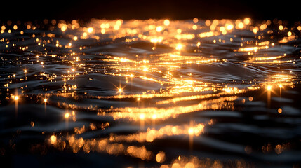 Shimmering water reflects golden light creating abstract patterns on a dark surface, generating a captivating effect