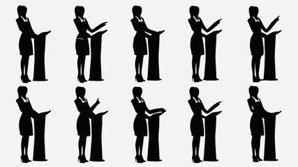 Silhouette pattern of woman giving a speech at a podium in various poses and hand gestures on white background