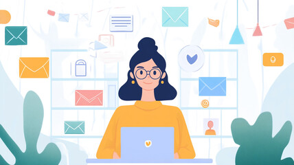 Email Digital Era: An illustration showcasing a woman engrossed in digital correspondence, her face illuminated by the soft glow of a laptop screen, surrounded by floating email elements.