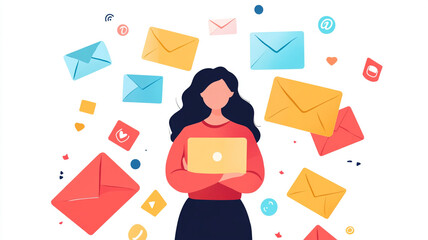 Digital Correspondence: An illustrated depiction of a person surrounded by floating envelopes, embodying modern communication and digital connectivity.