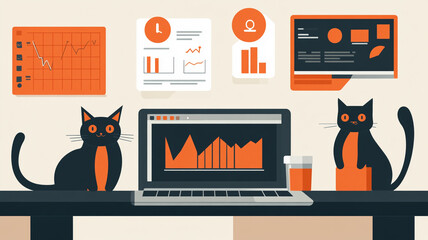 Data Analytics with feline companions: Two black cat friends analyze digital data visualization with their keen eyes, accompanied by an illustrative array of infographics.