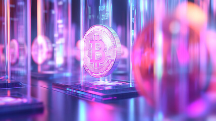 Bitcoin in Digital Realm: A gleaming bitcoin coin levitates amidst a neon-lit digital landscape, symbolizing the cutting-edge evolution of finance and technology.