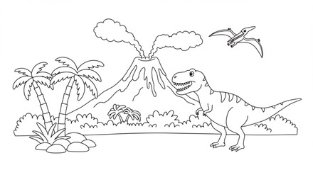 Prehistoric Volcano Landscape with T-Rex and Pterodactyl Coloring Page