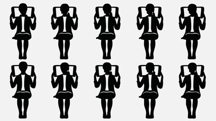Silhouette pattern of people seated and holding tablets in a repeating design on a white background