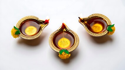 Three decorative diya lamps with oil and wicks burning on a white surface in a close up view