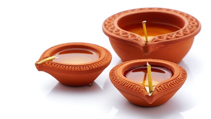 Three clay diyas filled with oil and wicks on a white background ready for diwali celebration