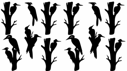 Silhouette pattern featuring woodpeckers perched on tree branches in a repeating design style art