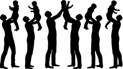 Silhouettes of fathers lifting their babies up in the air showing a strong bond and happy family moments