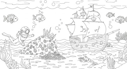 Obraz premium Undersea Adventure Diver, Shipwreck, and Colorful Reef Coloring Page