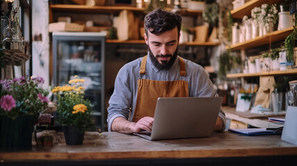 Flower Shop Owner at Work: A young shopkeeper, immersed in his work, sits at his laptop. The atmosphere captures the entrepreneurial spirit and daily life of a florist.