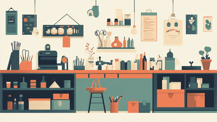 Creative Workspace: A beautifully arranged and colorful workspace, ideal for artistic endeavors, with shelves, tools, and various elements conducive to creative expression.