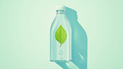 Natural Skincare Product: A clear bottle of skincare product with a single green leaf inside, symbolizing natural and organic ingredients. A single drop of liquid falls from the bottle's neck.