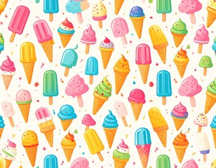 Colorful seamless pattern of various ice cream treats, including popsicles and ice cream cones, on a white background.