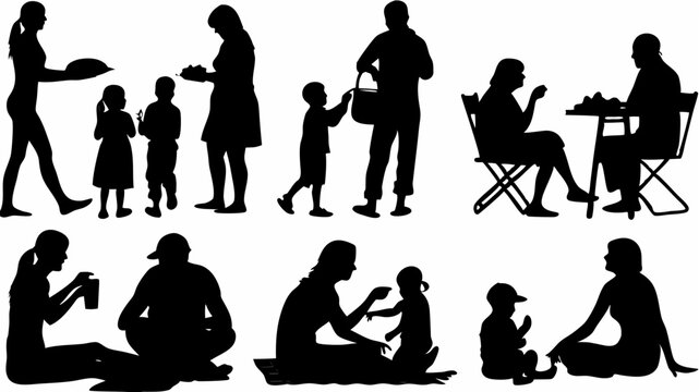 Silhouette illustration of families enjoying a picnic with food and drinks on a sunny day in the park outdoors