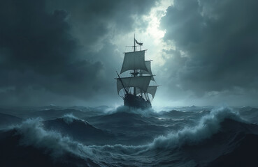 Pirate ship navigating stormy seas under dark skies. Historic sailing vessel on turbulent ocean waves. Maritime adventure, nautical travel, seafaring exploration during storm weather.