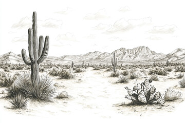 Desert with cacti , illustration in sketch vintage style, monochrome landscape