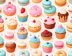 Colorful and delicious pastry pattern featuring various cakes, donuts, and macarons.