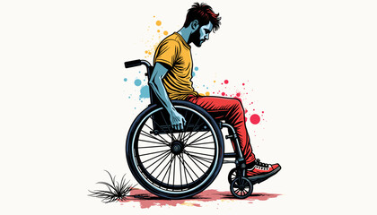 Obraz premium Man in wheelchair feeling contemplative against colorful background