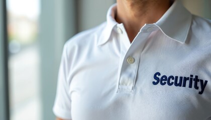 Close-up shot security guard uniform white polo shirt. Embroidered text Security on chest. Professional attire, employee, identity, job role at work. Badge detail for guard service, protection.