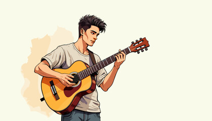 Young man playing guitar with focus against a light background