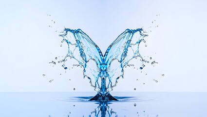 Water splash photography liquid motion abstract art butterfly shape blue color background macro shot