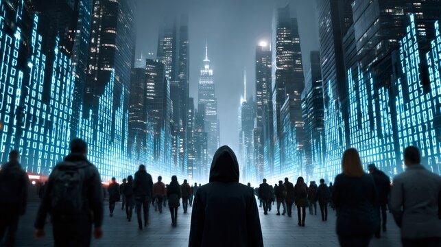Hacker walking in smart city with binary code and crowd, big data and cybersecurity concept - Powered by Adobe