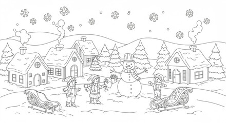 Winter Wonderland Coloring Page Festive Village Scene with Snowman and Children
