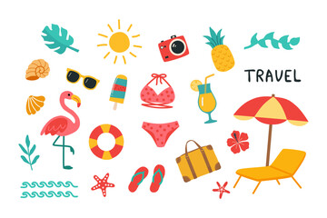Summer vacation elements travel set with beach icons, flamingo, umbrella, cocktail, swimsuit, sun, flat colorful vector on white. For planners, stickers, posters, social media, print and digital use.