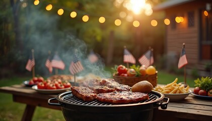 Patriotic BBQ feast celebrates Independence Day. Grilled meat, tomatoes, french fries, American flags on table. Festive outdoor gathering, family friends fun, patriotic holiday celebration, delicious