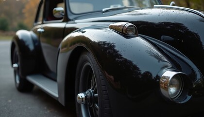 Classic black vintage car close-up. Shiny surface and chrome details. Automobile with retro design. Automotive history. Vehicle transportation and driving concept. Luxurious old-timer on road.
