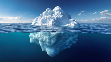 Majestic iceberg floating in the ocean with underwater details under a clear blue sky