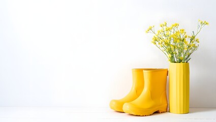 Yellow rain boots and flowers in vase still life photography bright spring season concept art