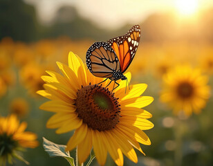 Naklejka premium Monarch butterfly on sunflower in sunny summer. Close-up of insect on yellow flower. Bright colors, macro shot of nature. Insect sits on flower with blurred background.