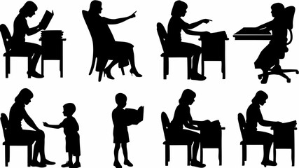 Silhouettes depicting various people reading, writing, and interacting in different scenarios and settings