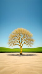 Golden tree of life in desert landscape with blue sky and green hills nature photography art