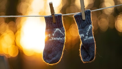 Baby socks hanging on clothesline with clothespins laundry day apparel newborn clothing knitted wear
