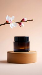 Beauty product photography of amber glass jar with almond blossom for skincare and cosmetics