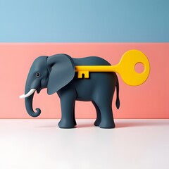 Elephant toy with key illustration, cute animal toy, wind up toy, pastel colors background art