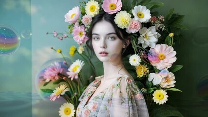 Flower crown model in gown watching drifting bubbles tilting head and blinking at flower backdrop - Powered by Adobe