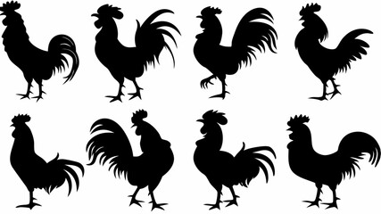 Silhouette collection of eight roosters in various poses against a white background design element