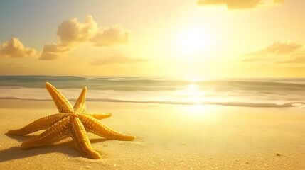 Fototapeta na wymiar Golden Starfish on Sandy Beach at Sunrise